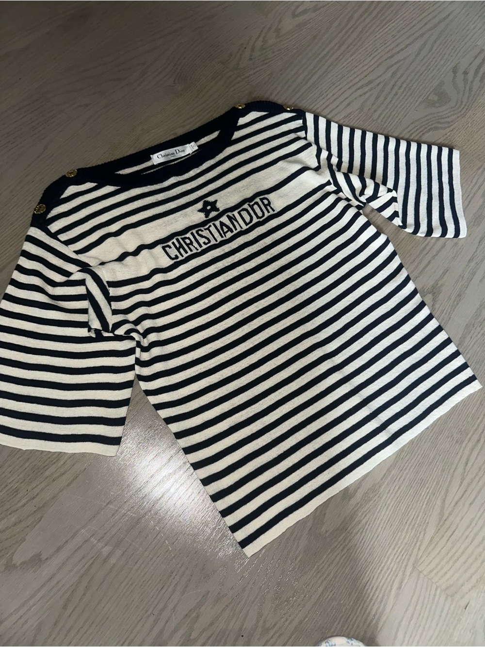 Christian Dior Navy and White Striped Cotton Knit Top with Gold Buttons Sz 12